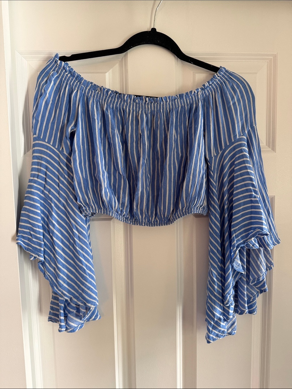Audrey 3+1 Blue and White Striped Off-the-Shoulder Crop Top